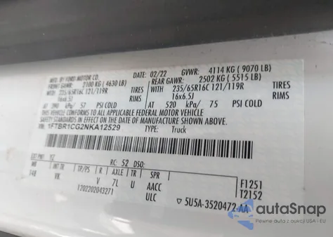 2022 Ford Transit-250 z USA, uszkodzony, nr VIN 1FTBR1CG2NKA12529